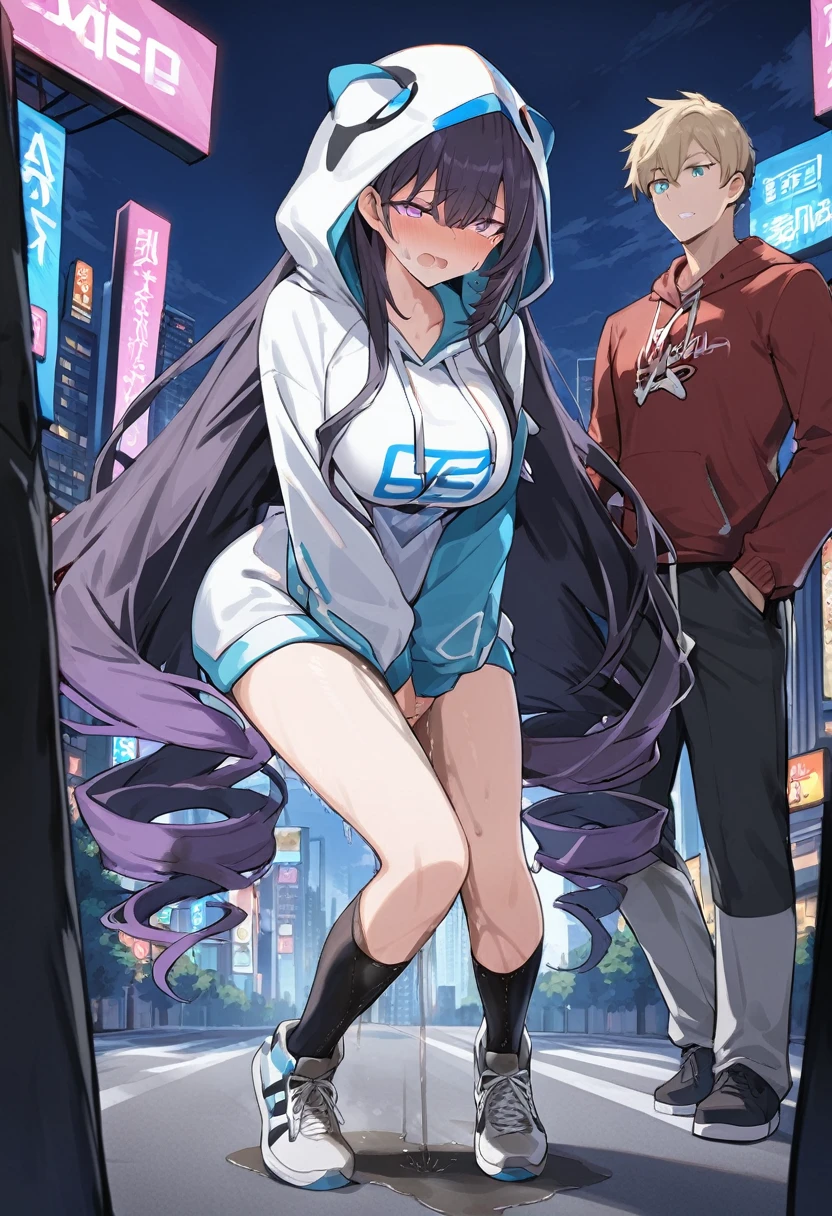 (1girl:1.5), (1boy:1.5), (masterpiece:1.37), best quality, (extremely detailed:1.37), woman, adult, mature, large breasts, (very long hair:1.5), dark purple hair, purple eyes, (extremely detailed eyes:1.37), white hoodie, multicolored hoodie, light blue hoodie, futuristic hoodie, jeans, (desperation:2.0), (wetting: self 3.0), standing, embarrassed, humiliation, blushing, angry, city, futuristic, neon lighting, high-tech, full body