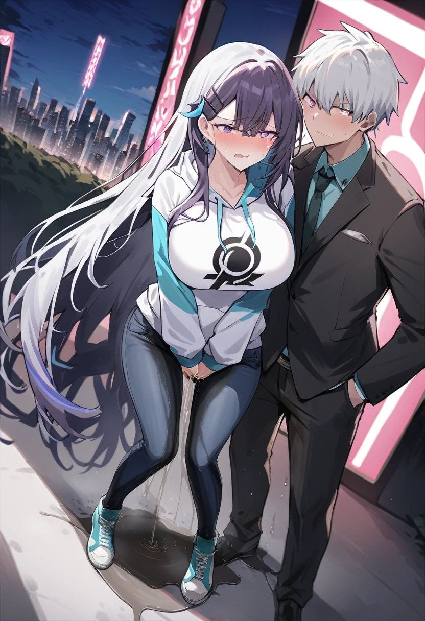 (1girl:1.5), (1boy:1.5), (masterpiece:1.37), best quality, (extremely detailed:1.37), woman, adult, mature, large breasts, (very long hair:1.5), dark purple hair, purple eyes, (extremely detailed eyes:1.37), white hoodie, multicolored hoodie, light blue hoodie, futuristic hoodie, jeans, (desperation:2.0), (wetting: self 3.0), standing, embarrassed, humiliation, blushing, angry, city, futuristic, neon lighting, high-tech, full body