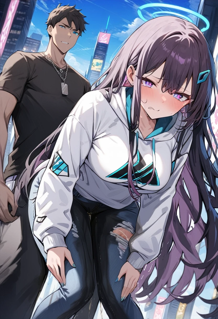 (1girl:1.5), (1boy:1.5), (masterpiece:1.37), best quality, (extremely detailed:1.37), woman, adult, mature, large breasts, (very long hair:1.5), dark purple hair, purple eyes, (extremely detailed eyes:1.37), white hoodie, multicolored hoodie, light blue hoodie, futuristic hoodie, jeans, (desperation:2.0), (wetting: self 3.0), standing, embarrassed, humiliation, blushing, angry, city, futuristic, neon lighting, high-tech, full body