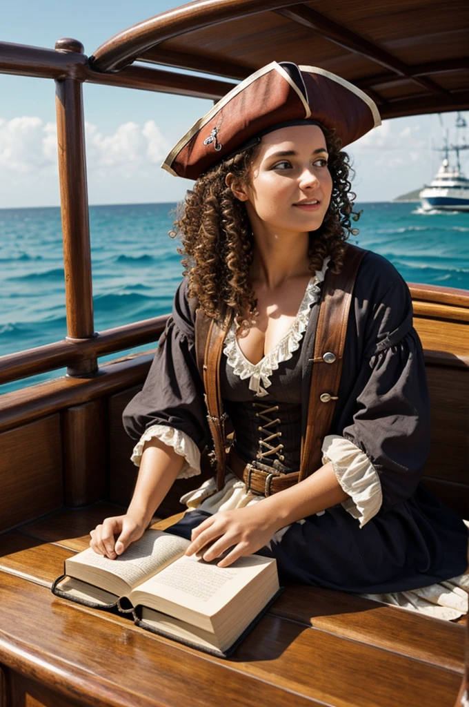 Pirate woman with curly brown hair writing in a book on a boat looking at the sea 
