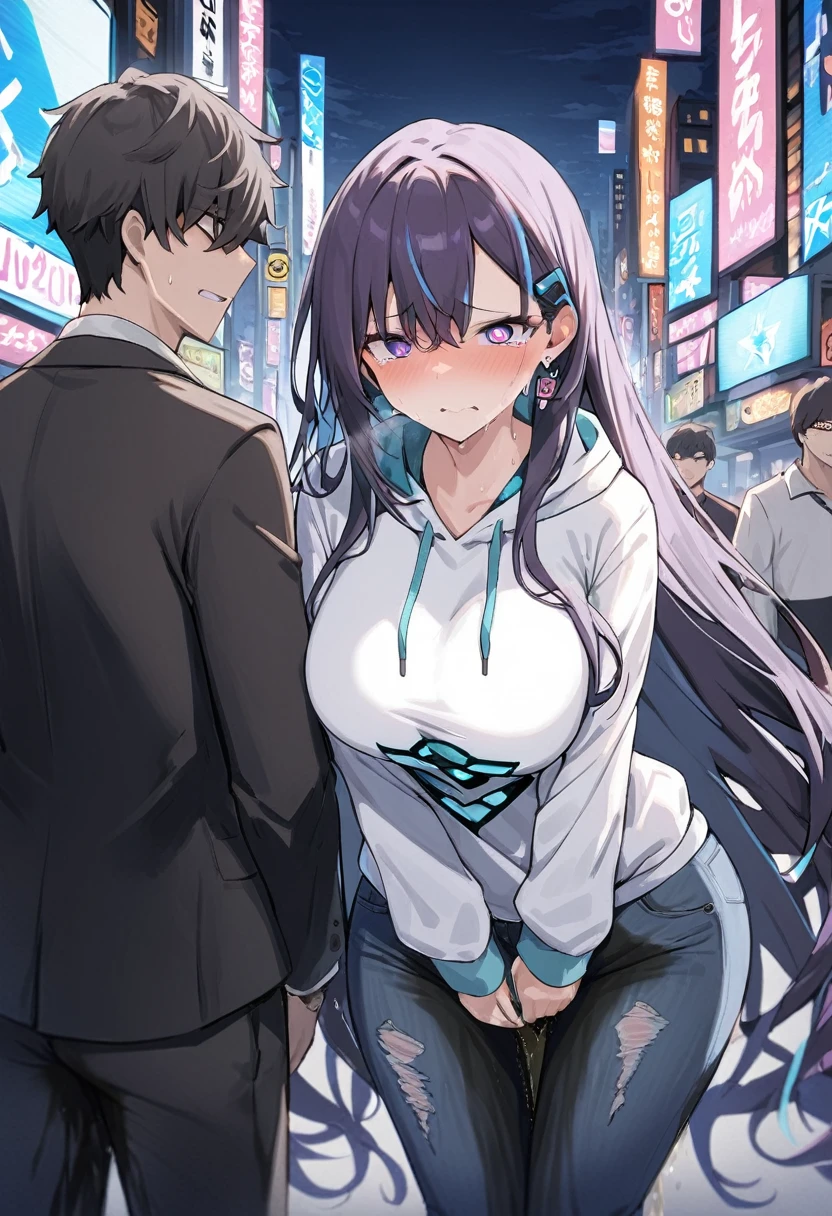 (1girl:1.5), (1boy:1.5), (masterpiece:1.37), best quality, (extremely detailed:1.37), woman, adult, mature, large breasts, (very long hair:1.5), dark purple hair, purple eyes, (extremely detailed eyes:1.37), white hoodie, multicolored hoodie, light blue hoodie, futuristic hoodie, jeans, (desperation:2.0), (wetting: self 3.0), standing, embarrassed, humiliation, blushing, angry, city, futuristic, neon lighting, high-tech, full body