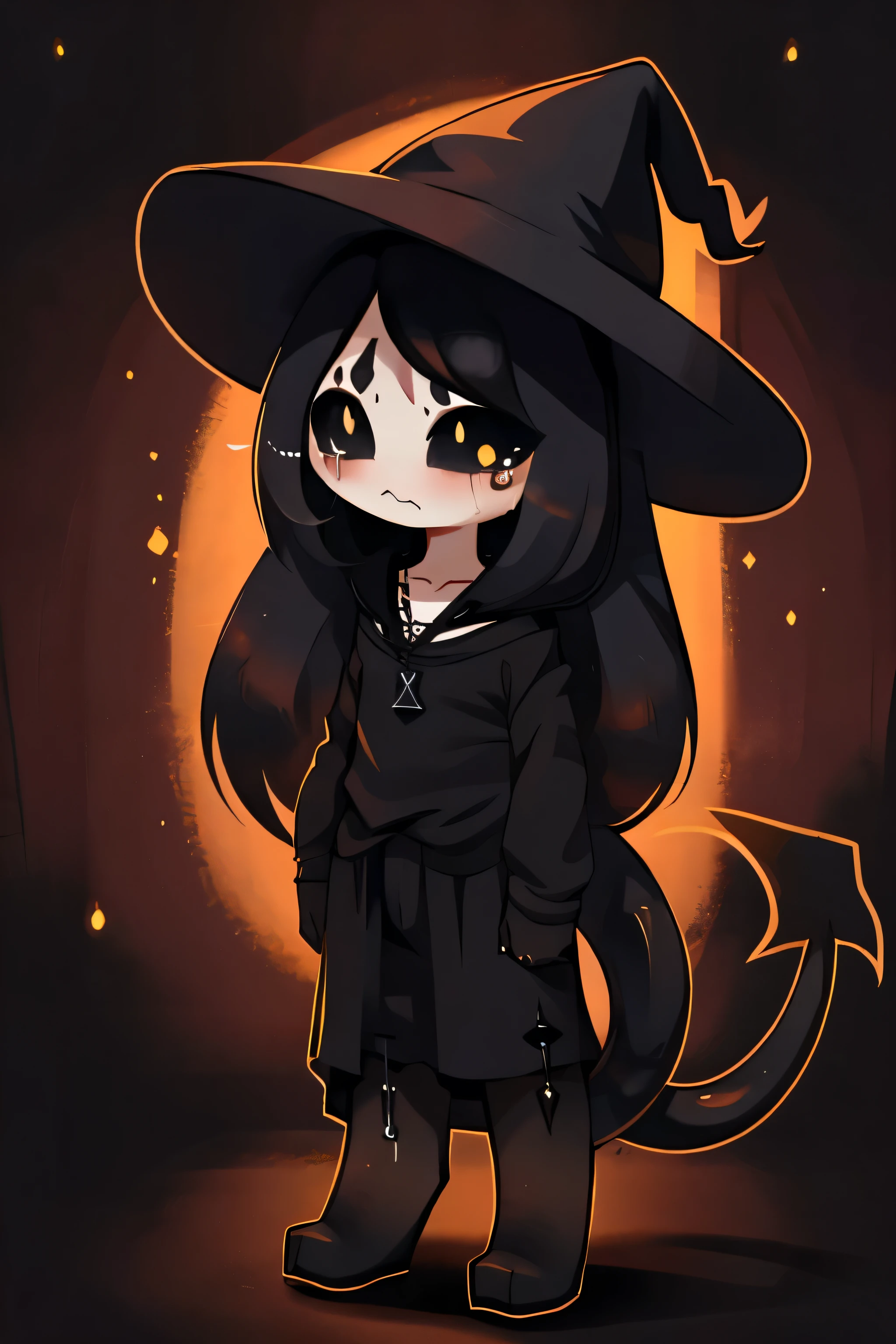 source_anime, male, flat chest, pointy ears, multiple eyes, emo, gothic, witch hat, black clothing, black necklace, solo, light skin, horn, black sclera, yellow pupils, arachnoid, demon tail, (chibi:1.1), black hair, long hair, cute pose, sad, crying