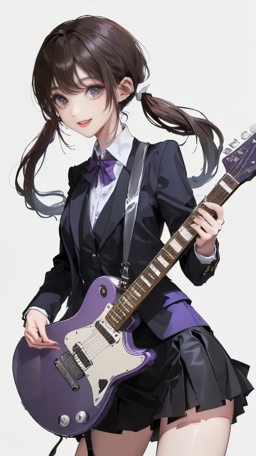 (((White wall background)))、(((Best image quality、8K、Beautiful woman、White wall background)))、(((guitarist、play the guitar)))、(((Woman with twin tails)))、(((Black Hair)))、(((smile)))、(((Purple Suit、Suit in a miniskirt)))、(((Pure white background)))