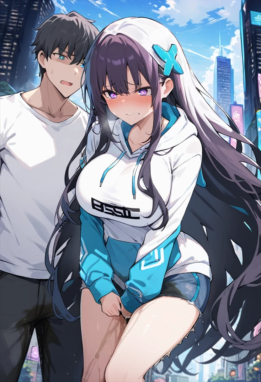 (1girl:1.5), (1boy:1.5), (masterpiece:1.37), best quality, (extremely detailed:1.37), woman, adult, mature, large breasts, (very long hair:1.5), dark purple hair, purple eyes, (extremely detailed eyes:1.37), white hoodie, multicolored hoodie, light blue hoodie, futuristic hoodie, jeans, (desperation:2.0), (wetting: self 3.0), standing, embarrassed, humiliation, blushing, angry, city, futuristic, neon lighting, high-tech, full body