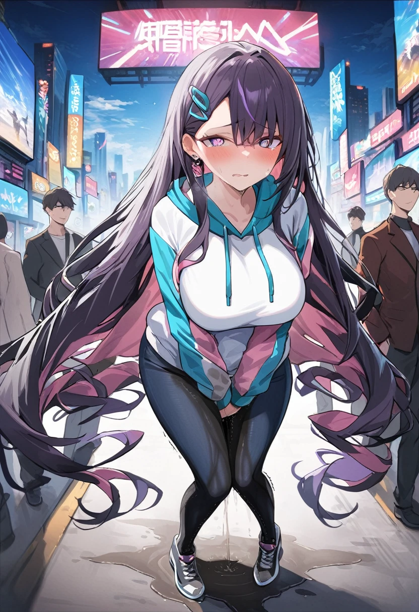 (1girl:1.5), (1boy:1.5), (masterpiece:1.37), best quality, (extremely detailed:1.37), woman, adult, mature, large breasts, (very long hair:1.5), dark purple hair, purple eyes, (extremely detailed eyes:1.37), white hoodie, multicolored hoodie, light blue hoodie, futuristic hoodie, jeans, (desperation:2.0), (wetting: self 3.0), standing, embarrassed, humiliation, blushing, angry, city, futuristic, neon lighting, high-tech, full body