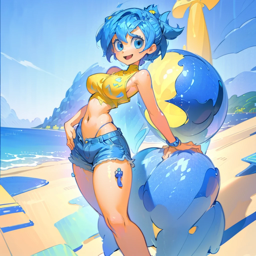 (masterpiece), ((perfect anatomy)), (high Res), (4k), joy, blue eyes, blue hair, yellow skin, huge breast, wide hips, (((blue top))), (((shorts))), (beach), happy, (((cartoony artstyle))), (((solo))), narrow waist