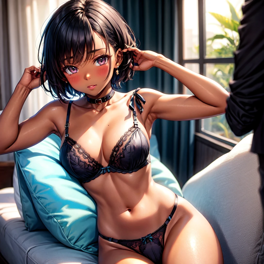 dark skin, lace lingerie, fetish, short hair, blush, solo, athetic, movies