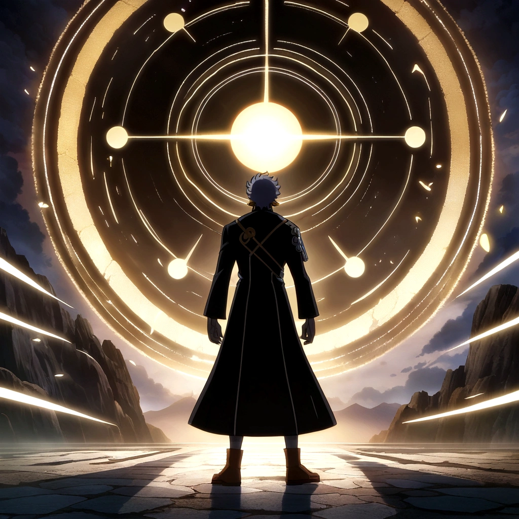 Male, gray skin, lean and defined body, long gray hair shaved on the left side, gray eye, sun-shaped earring, black robe with sun symbol on the front, "Anime design inspired by One Piece, filled with dramatic and impressive lighting, infused with creative details, ultra-fine 2D design, scenery bathed in creativity, boasting 2D anime resolution clarity, HD anime graphics, high-octane rendering"