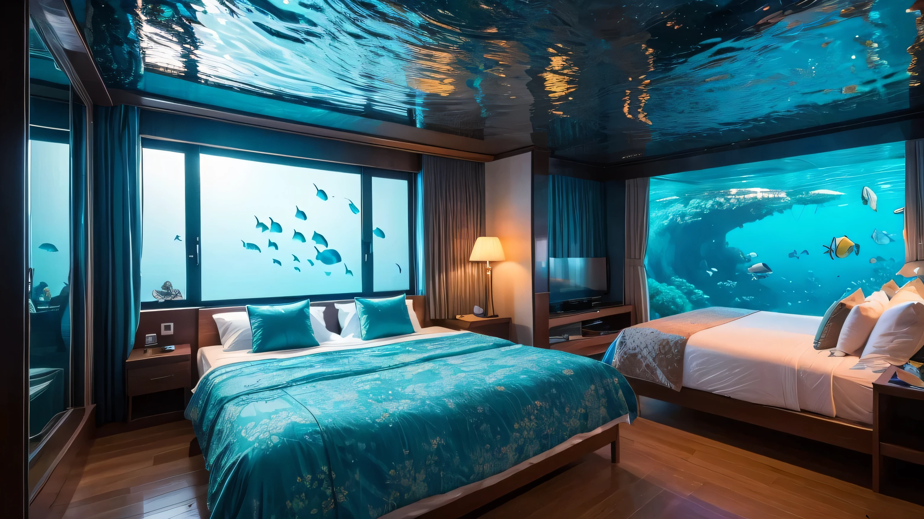 8k、room、bed、like a hotel、Open World,seabed,amazing colors,Draw the underwater world,Fluctuations in fresh water,Fluctuating bubbles in water,Very wide angle shot,Fantastic artistic expression,