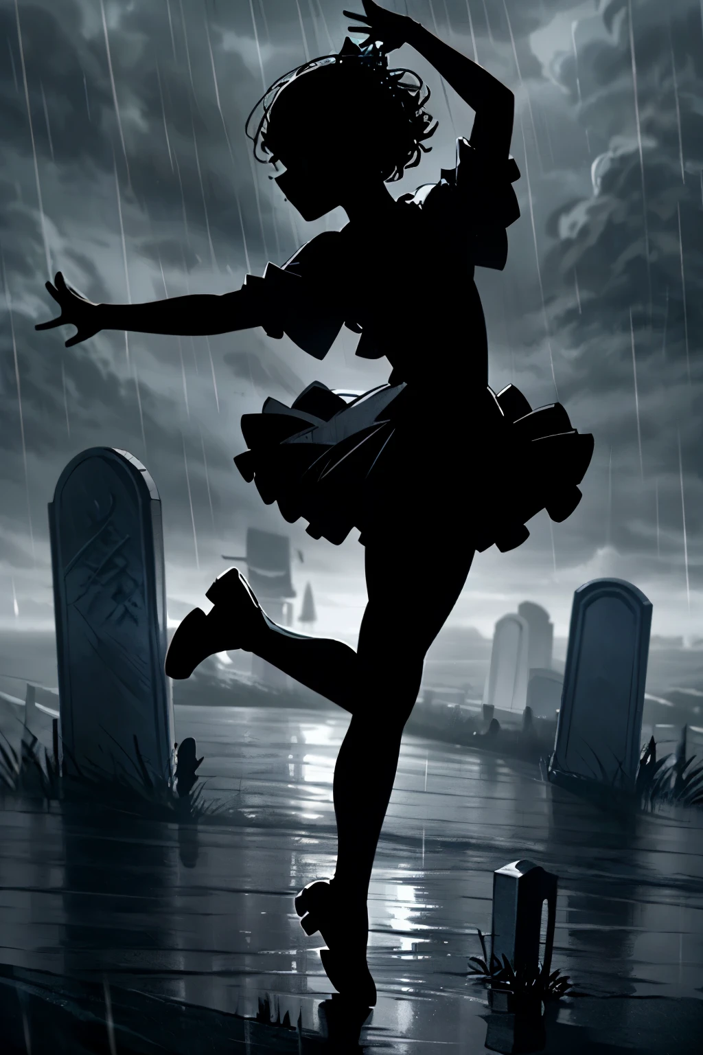 (masterpiece, best quality, super detailed), silhouette, Solo, A lady in tutu is dancing ballet on the hill, in the rain, Full body, Ballerina silhouette, ballet pose, small tombstone, heavy rain, on the hill by the sea, simple background, cinematic lighting