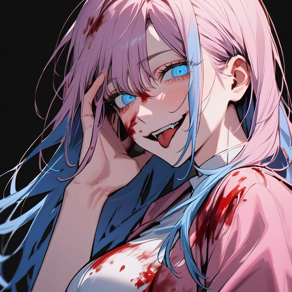 1 pretty girl in chainsaw man style, long hair, light pink hair and blue hair tips,light blue eyes(delhado), white blouse, pink jaket (big boobies),(blood on clothes),hand on face, tilted face, psycho smile, showing the tongue (dentes pontudos), gazing at viewer, black backdrop