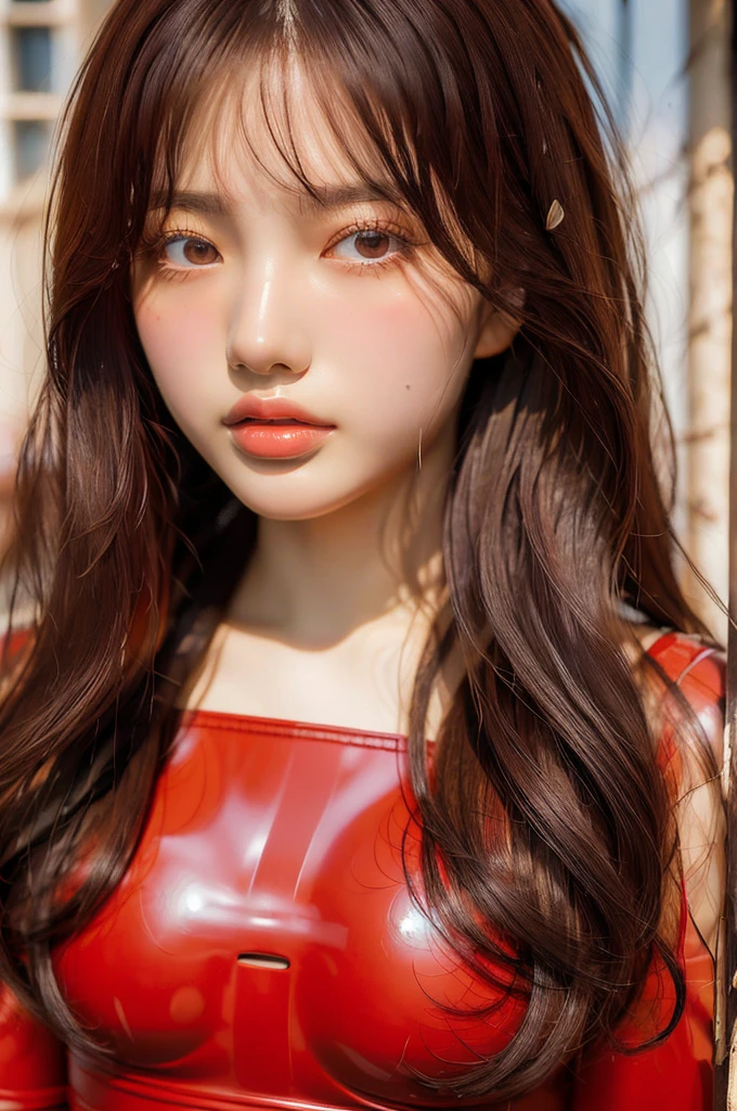 (Real))))Photos, ((Full Body:1.1)), Best Quality, 1 woman, Ultra Detailed Face, Detailed Lips, Detailed Eyes, Double Eyelids, Beautiful Face, Beautiful Eyes, (Red Bodysuit, Red Latex), (Glossy), Orange Hair, Twintails, Thin Waist, Best Quality, Pale Skin, Su-Liu Aska Langle, Plug Suit 02, Black Background, (Face and Eye Details:1.1) , self-righteous, blush, ((shy)), very delicate and beautiful girl, dynamic pose, (to8contrast style)