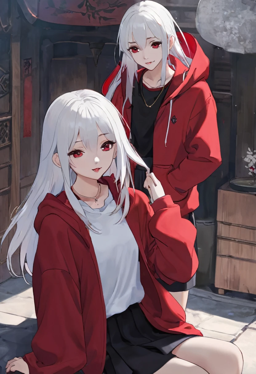 Wings on your back、White shirt、Red hoodie、White Hair、Black Skirt、A vampire girl with a single stray hair