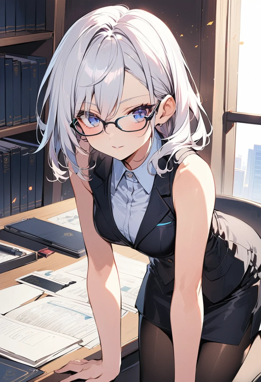 Domineering female president，Slim，White hair，长White hair，in office，full-body shot，Black pantyhose，High heel，wear glasses，Long Law，High target，Wearing a black suit，Short skirt