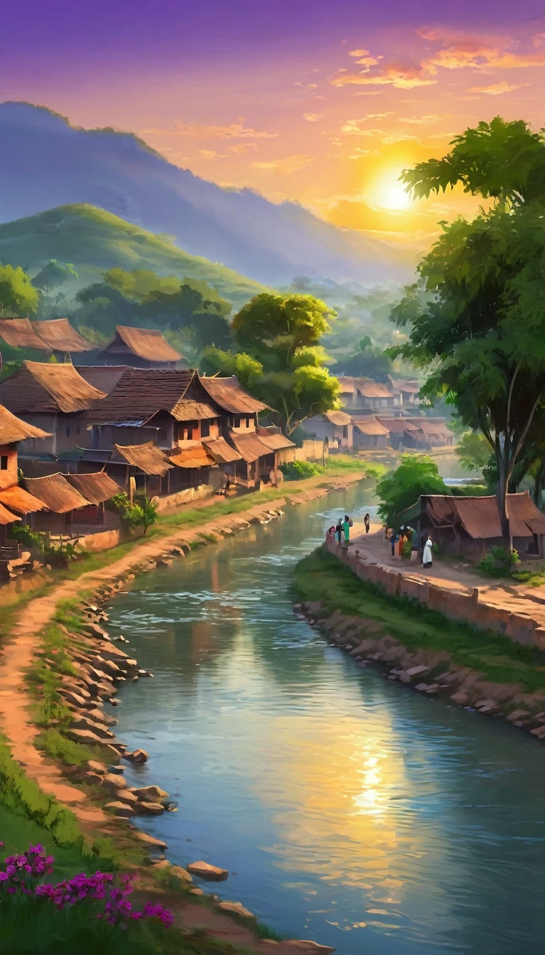 Create a digital artwork of a serene Indian village with a river running through it, under a setting sun. The scene should capture the tranquil beauty of the village, with traditional houses, lush greenery, and the river reflecting the warm hues of the sunset. The sky should be painted in shades of orange, pink, and purple, casting a gentle glow over the landscape. Include details like villagers going about their evening activities, perhaps children playing or women drawing water from the river, to enhance the peaceful and picturesque atmosphere of the village at dusk