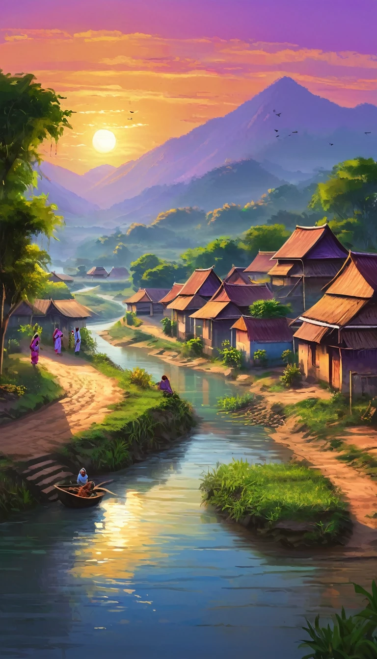 Create a digital artwork of a serene Indian village with a river running through it, under a setting sun. The scene should capture the tranquil beauty of the village, with traditional houses, lush greenery, and the river reflecting the warm hues of the sunset. The sky should be painted in shades of orange, pink, and purple, casting a gentle glow over the landscape. Include details like villagers going about their evening activities, perhaps children playing or women drawing water from the river, to enhance the peaceful and picturesque atmosphere of the village at dusk