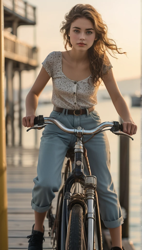 Surrealism:1.5,  Bokeh, young woman aesthetic, bicycle riding, pier, High-quality DSLR snapshots, High-definition film grain photo taken at f/16, ISO 100, With 200mm lens, Global Illumination, Fibonacci