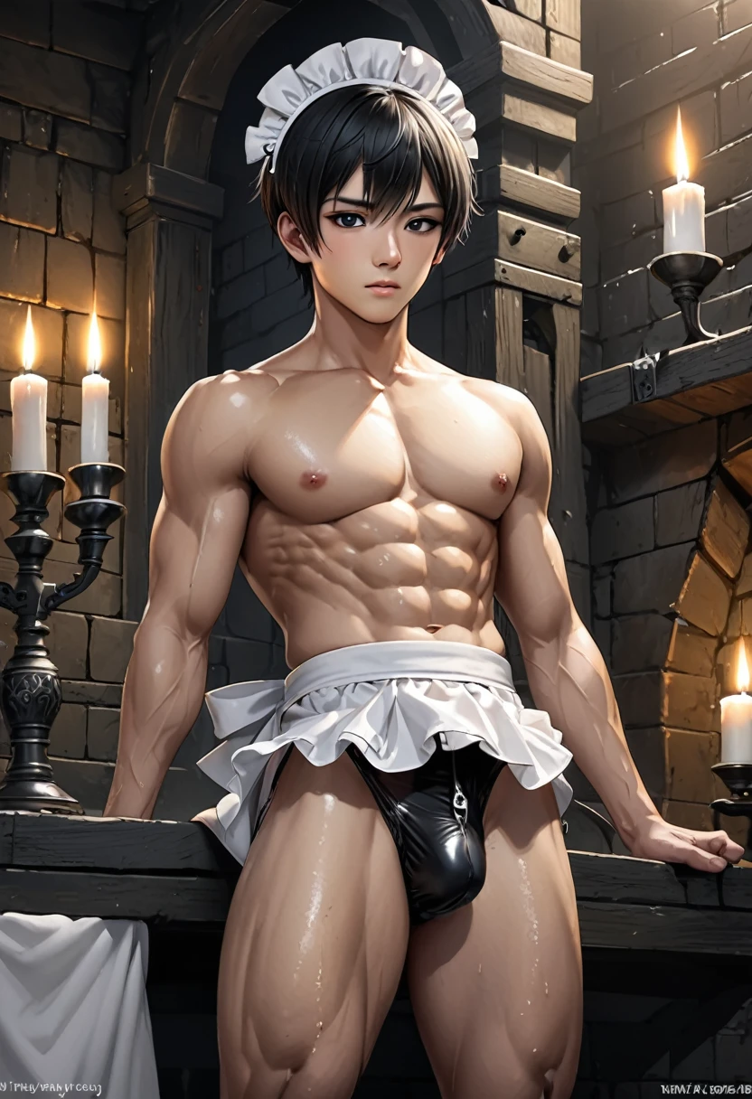 high quality, detailed, Realistic, (19 years old japanese idol maid boy), (detailed black eyes), (black short hair), (abs), (shiny skin), dungeon, (apron, head dress), (tiny thongs), (bulge:1.2), candle, (detailed nipples), detailed areola,