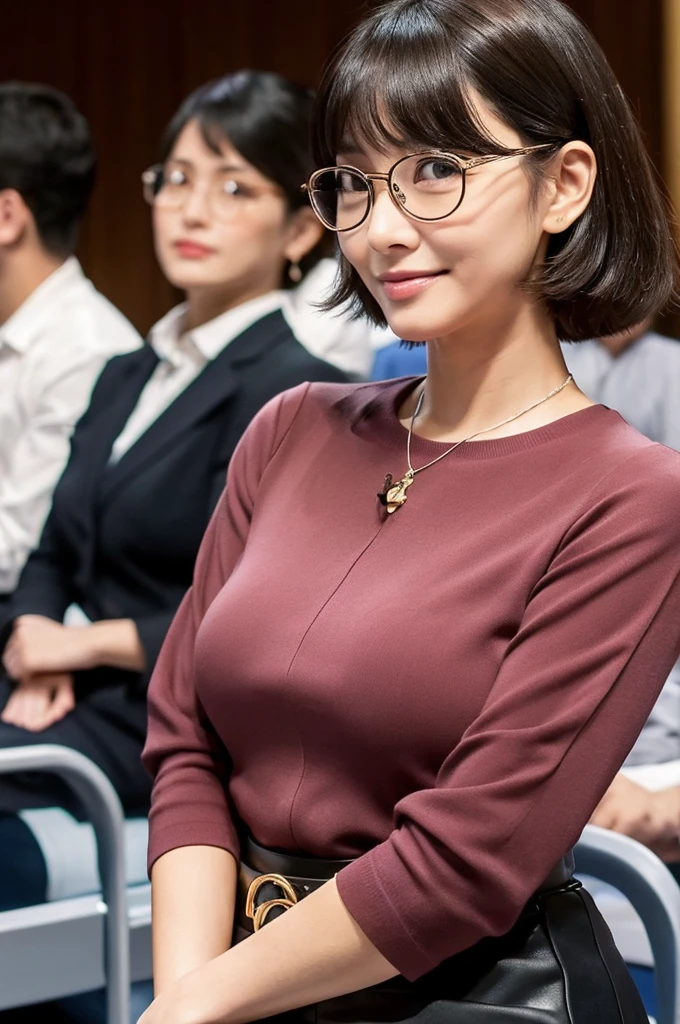 A voluptuous, rounded body、University lecture hall, university psychology associate professor, ((full body)), ((photo)), ((best qualtiy, 8K, tmasterpiece:1.3)), Focus:1.2, perfect figure beautiful woman:1.41woman, cowboy shot, look at viewer, eyes facing the camera, incredibly absurd, beautiful and cute woman with a photorealistic face, showcasing top-quality craftsmanship, A Japanese woman giving a lecture at a university lecture hall, 27 years old, with a bob cut and flipped hair, short bangs swept at an angle, smooth and shiny hair, natural hairline, fair and smooth skin, plump and healthy cheeks, large, jet black eyes, round eyes, long and upward-facing eyelashes, double eyelids, thin and straight eyebrows, small and round nose, plump lips, upturned corners of the mouth, charming smile, cute face, glamorous, well-balanced proportions, tall, beautiful D-cup breasts, silver-rimmed glasses, pink blouse, black tight skirt, fashion with a waist-marked silhouette, scarf, heeled shoes, vanilla perfume, beautiful, pretty older woman, glasses suit her, knowledgeable, playful, curious, smart, elegant, November