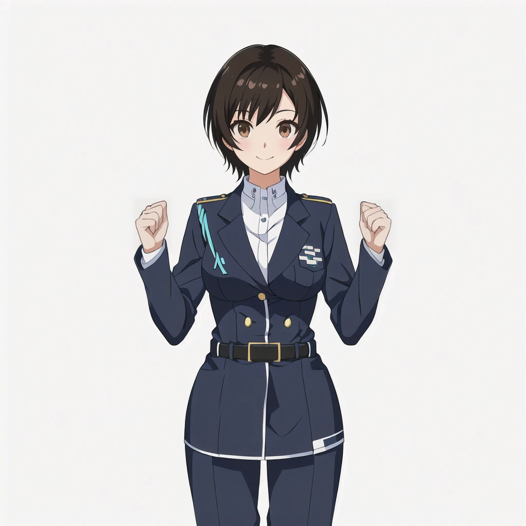Highest quality, high resolution, High quality anime art style, Official Art, Smooth anime CG art, Stylized anime, Visual Novel Sprites, White background, whole body, Anime-style 3D, Smooth anime CG art, humanoid woman, JRPG Characters, policewoman, Policewoman, Anime woman in Japanese police uniform, Guts pose, smile, Brown eyes, Black Hair, short hair, Age 25,