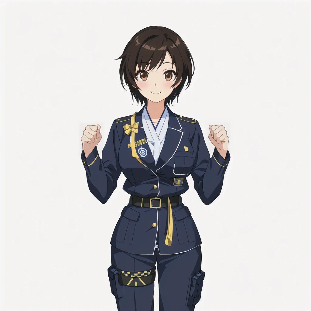 Highest quality, high resolution, High quality anime art style, Official Art, Smooth anime CG art, Stylized anime, Visual Novel Sprites, White background, whole body, Anime-style 3D, Smooth anime CG art, humanoid woman, JRPG Characters, policewoman, Policewoman, Anime woman in Japanese police uniform, Guts pose, smile, Brown eyes, Black Hair, short hair, Age 25,