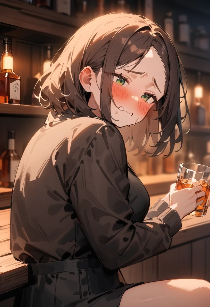 masterpiece, best quality, very aesthetic, absurdres, newest, 1girl, solo, asymmetrical bangs, tareme, blush, drunk,short brown hair, green eyes, swordsman, side angle, troubled expression, sitting at a bar counter, holding a glass of whiskey, dimly lit bar, wooden furniture, warm lighting, somber mood, upper body shot,