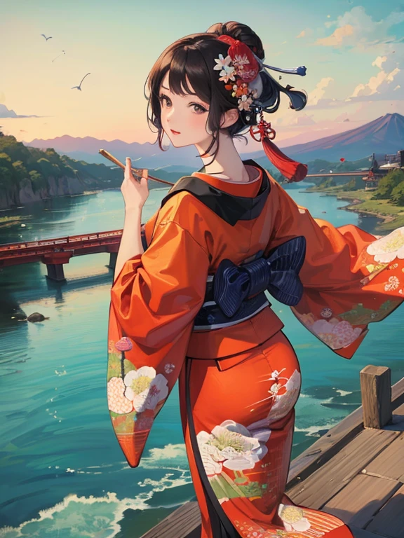 (Highest quality、masterpiece、High resolution、8K)、Vibrant colors、Ukiyo-e、Utamaro、Kimono Beauty、look back、bridge、river、Mount Fuji in the distance、Japanese style scenery、Official Art、