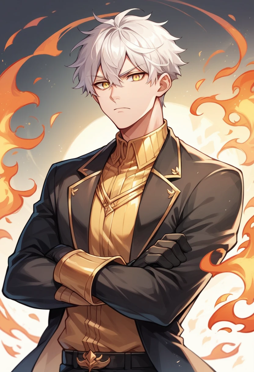 Anime male, teenager, handsome, fair-skinned, resolute eyes, white hair, short hair, deep golden eyes, powerful, black suit with black gloves, golden clothes, royal style, flame, crossed arms