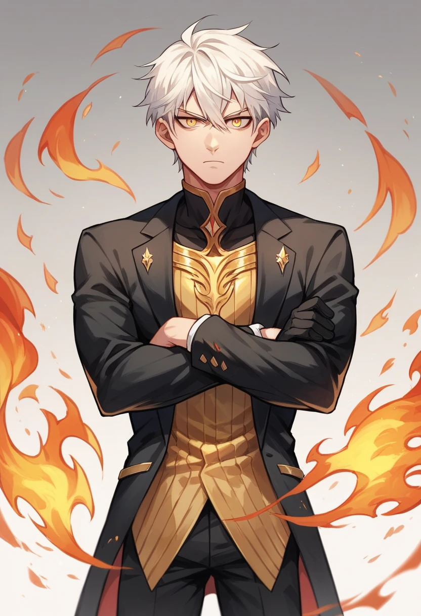 Anime male, teenager, handsome, fair-skinned, resolute eyes, white hair, short hair, deep golden eyes, powerful, black suit with black gloves, golden clothes, royal style, flame, crossed arms
