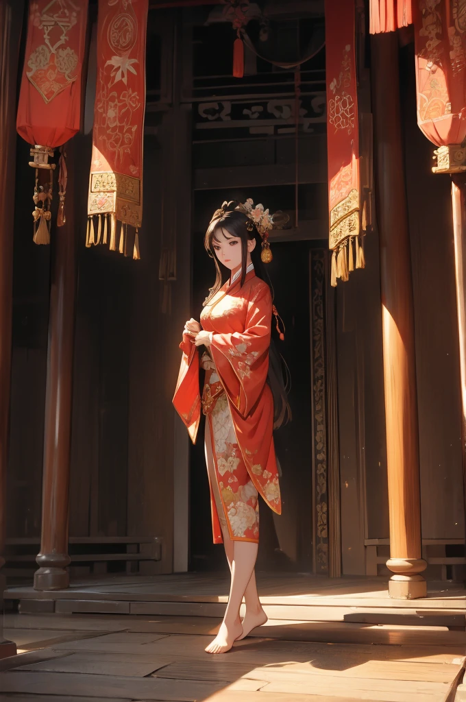 Yoshiwara, red-light district, courtesan, tattoos, slender, 16 years old, ukiyo-e, Japanese painting, watercolor painting, vibrant saturation, omitting outlines, numerous tattoos, full back tattoo, thigh tattoos, sad expression, unfortunate, red eyes, lowered gaze, plump cheeks, innocent, girl, Japanese, 170 centimeters tall, 25 kilograms in weight, fair skin.Wooden Architecture: Brothel buildings were constructed using wood and incorporated traditional Japanese architectural styles. Roofs were commonly covered with tiles, and they featured the traditional roof shapes of Japan. Grand Entrances: The entrances of these buildings were elaborately decorated, often adorned with lavish embellishments. Lanterns and banners were used to attract attention to the establishment. Lattice Doors and Shoji Screens: Windows and doors were fitted with lattice doors and shoji screens, making it difficult to see inside from outside. This design ensured privacy and discretion. Interior Design: The interiors of the buildings were opulently adorned. The individual rooms for clients were partitioned with tatami-covered floors and shoji screens, featuring a characteristic Japanese-style decor. Gardens: Some brothels included small gardens where clients and courtesans could enjoy peaceful moments together. Signs and Curtains: Signs and curtains with the brothel's name and business information were hung outside the building. These helped passersby and customers identify the establishment. Please note that the historical context and cultural practices surrounding brothels have evolved over time, and the translation provided is based on the provided information.