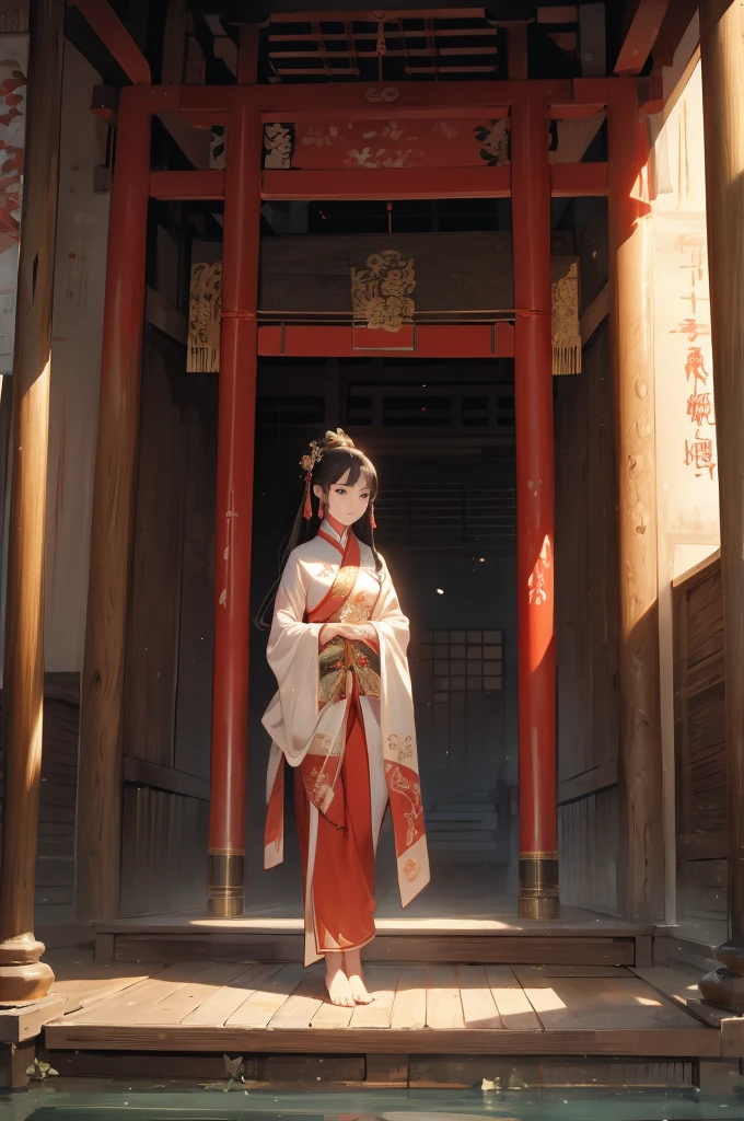A rich girl from the Tang Dynasty standing in the courtyard。Dressed in silk,barefoot