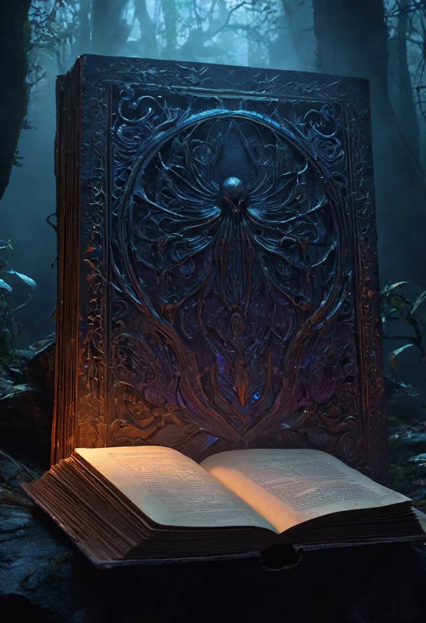 An exquisitely drawn Necronomicon fantasy book of the dead, Open book, Cursed fantasy books (Complex 3D spiritual ghosts appearing in multiple see-through translucent misty holographic silhouettes、A fantasy that rises from the middle of the page: 1.2), Sparkling atmospheric darkness surrounded by ethereal plasma effects, (Cinematic, Ultra-detailed, Splash Art, Exquisitely crafted, masterpiece, 8K resolution, Dark fantasy concept art, Dynamic Lighting, Trending on Art Station, Deep Color, Volumetric lighting, Ray Tracing: .9)