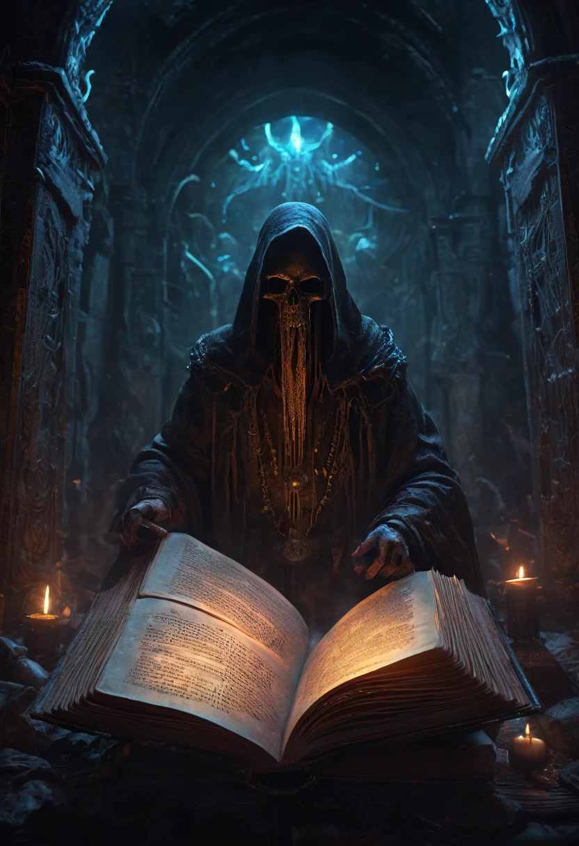 An exquisitely drawn Necronomicon fantasy book of the dead, Open book, Cursed fantasy books (Complex 3D spiritual ghosts appearing in multiple see-through translucent misty holographic silhouettes、A fantasy that rises from the middle of the page: 1.2), Sparkling atmospheric darkness surrounded by ethereal plasma effects, (Cinematic, Ultra-detailed, Splash Art, Exquisitely crafted, masterpiece, 8K resolution, Dark fantasy concept art, Dynamic Lighting, Trending on Art Station, Deep Color, Volumetric lighting, Ray Tracing: .9)