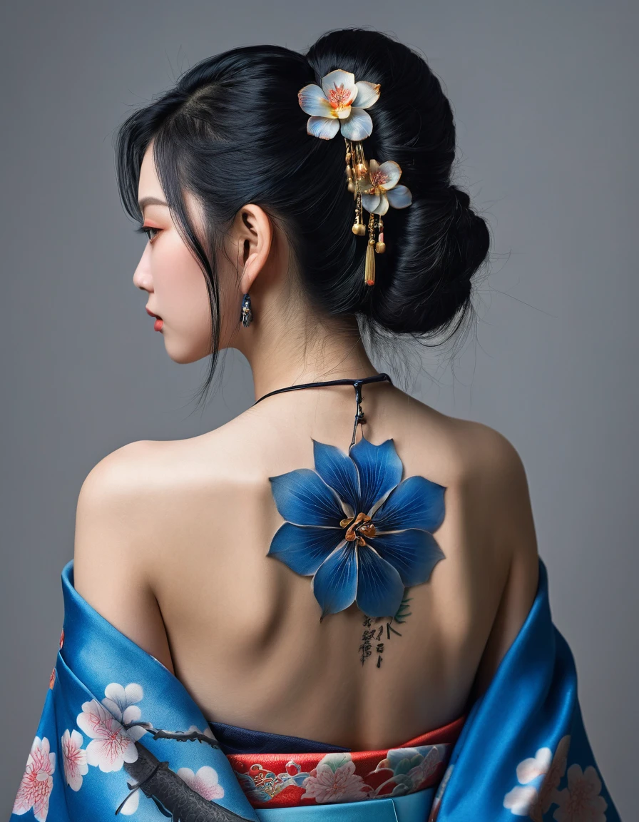 a beautiful japanese girl, traditional blue kimono, middle long black hair, hairpin, tattoo on bare back, solemn expression, dim lighting, photorealistic, masterpiece, ultra-detailed, realistic, vivid colors, dramatic lighting, concept art