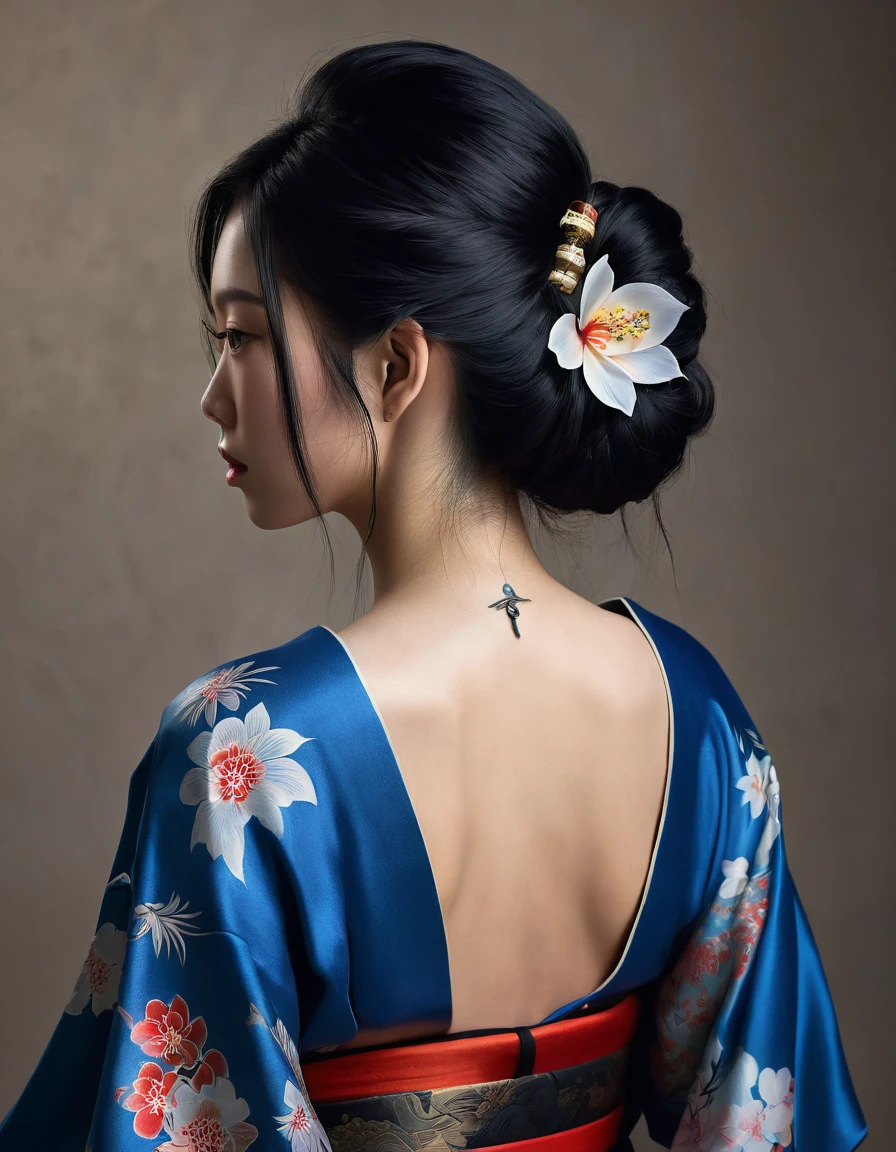 a beautiful japanese girl, traditional blue kimono, middle long black hair, hairpin, tattoo on bare back, solemn expression, dim lighting, photorealistic, masterpiece, ultra-detailed, realistic, vivid colors, dramatic lighting, concept art