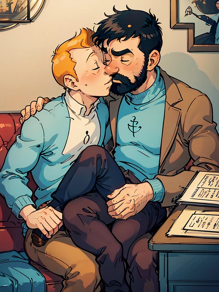 Tintin and Captain Haddock are in the room with the piano.  Haddock sits in a chair with Tintin sitting on his lap and they kiss tenderly.  Both men.  Haddock has black hair.  Everything is in pastel colors.