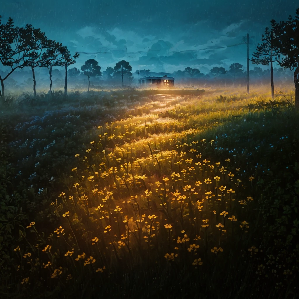 arafed train tracks in the middle of a field of flowers, abandoned railroad, abandoned railroads, railway tracks going through it, on a jungle forest train track, railroad, by Lucia Peka, not train tracks, rail tracks, beautiful with eerie vibes, beautiful and mysterious, overgrown with flowers, rail tracks lead from the mine, interesting composition