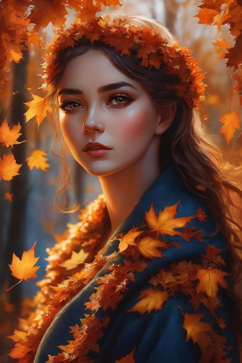 A girl made of autumn leaves, elegant autumn leaves woman, detailed autumn leaves texture, dramatic lighting, cinematic atmosphere, fantasy digital art, vibrant colors, highly detailed, 8K, photorealistic, intricate details, masterpiece