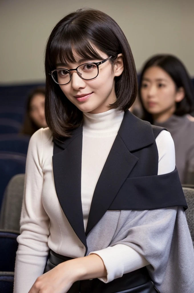 A voluptuous, rounded body、University lecture hall, university psychology associate professor, ((full body)), ((photo)), ((best qualtiy, 8K, tmasterpiece:1.3)), Focus:1.2, perfect figure beautiful woman:1.41woman, cowboy shot, look at viewer, eyes facing the camera, incredibly absurd, beautiful and cute woman with a photorealistic face, showcasing top-quality craftsmanship, A Japanese woman giving a lecture at a university lecture hall, 27 years old, with a bob cut and flipped hair, short bangs swept at an angle, smooth and shiny hair, natural hairline, fair and smooth skin, plump and healthy cheeks, large, jet black eyes, round eyes, long and upward-facing eyelashes, double eyelids, thin and straight eyebrows, small and round nose, plump lips, upturned corners of the mouth, charming smile, cute face, glamorous, well-balanced proportions, tall, beautiful D-cup breasts, silver-rimmed glasses, pink blouse, black tight skirt, fashion with a waist-marked silhouette, scarf, heeled shoes, vanilla perfume, beautiful, pretty older woman, glasses suit her, knowledgeable, playful, curious, smart, elegant, November