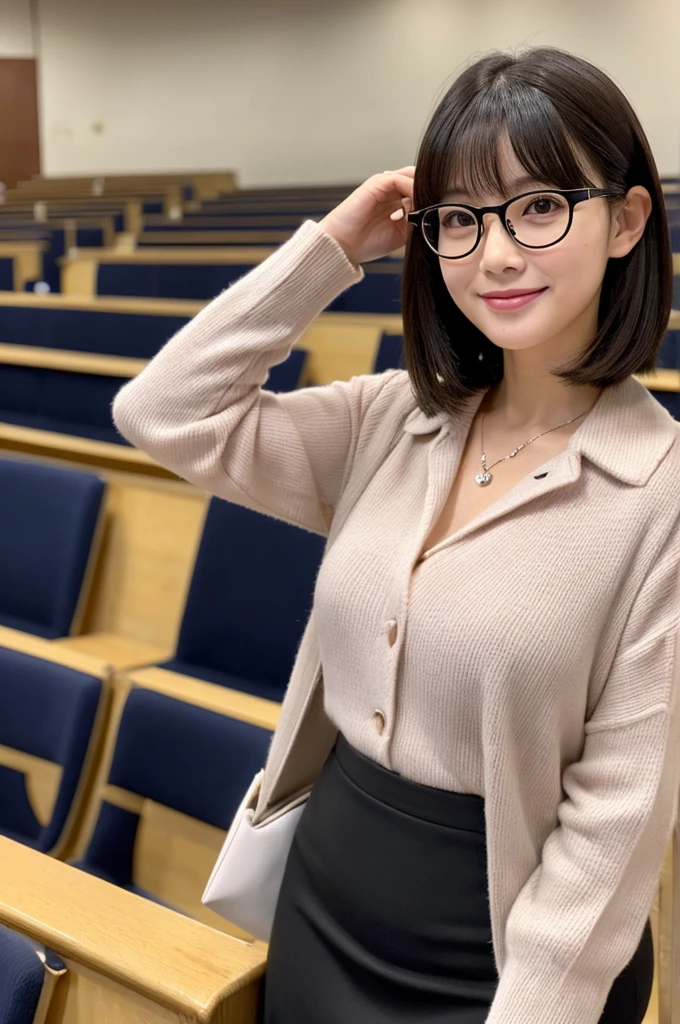 A voluptuous, rounded body、University lecture hall, university psychology associate professor, ((full body)), ((photo)), ((best qualtiy, 8K, tmasterpiece:1.3)), Focus:1.2, perfect figure beautiful woman:1.41woman, cowboy shot, look at viewer, eyes facing the camera, incredibly absurd, beautiful and cute woman with a photorealistic face, showcasing top-quality craftsmanship, A Japanese woman giving a lecture at a university lecture hall, 27 years old, with a bob cut and flipped hair, short bangs swept at an angle, smooth and shiny hair, natural hairline, fair and smooth skin, plump and healthy cheeks, large, jet black eyes, round eyes, long and upward-facing eyelashes, double eyelids, thin and straight eyebrows, small and round nose, plump lips, upturned corners of the mouth, charming smile, cute face, glamorous, well-balanced proportions, tall, beautiful D-cup breasts, silver-rimmed glasses, pink blouse, black tight skirt, fashion with a waist-marked silhouette, scarf, heeled shoes, vanilla perfume, beautiful, pretty older woman, glasses suit her, knowledgeable, playful, curious, smart, elegant, November