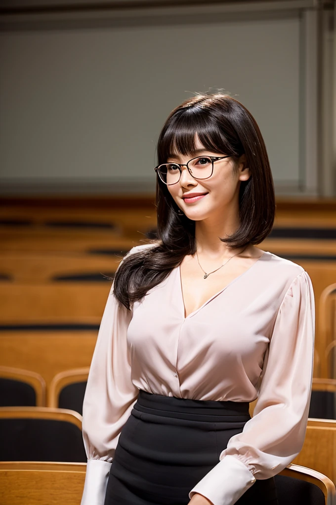 Adult sex appeal、Sexy female scholar、University lecture hall, university psychology associate professor, ((full body)), ((photo)), ((best qualtiy, 8K, tmasterpiece:1.3)), Focus:1.2, perfect figure beautiful woman:1.41woman, cowboy shot, look at viewer, eyes facing the camera, incredibly absurd, beautiful and cute woman with a photorealistic face, showcasing top-quality craftsmanship, A Japanese woman giving a lecture at a university lecture hall, 27 years old, with a bob cut and flipped hair, short bangs swept at an angle, smooth and shiny hair, natural hairline, fair and smooth skin, plump and healthy cheeks, large, jet black eyes, round eyes, long and upward-facing eyelashes, double eyelids, thin and straight eyebrows, small and round nose, plump lips, upturned corners of the mouth, charming smile, cute face, glamorous, well-balanced proportions, tall, beautiful D-cup breasts, silver-rimmed glasses, pink blouse, black tight skirt, fashion with a waist-marked silhouette, scarf, heeled shoes, vanilla perfume, beautiful, pretty older woman, glasses suit her, knowledgeable, playful, curious, smart, elegant, November