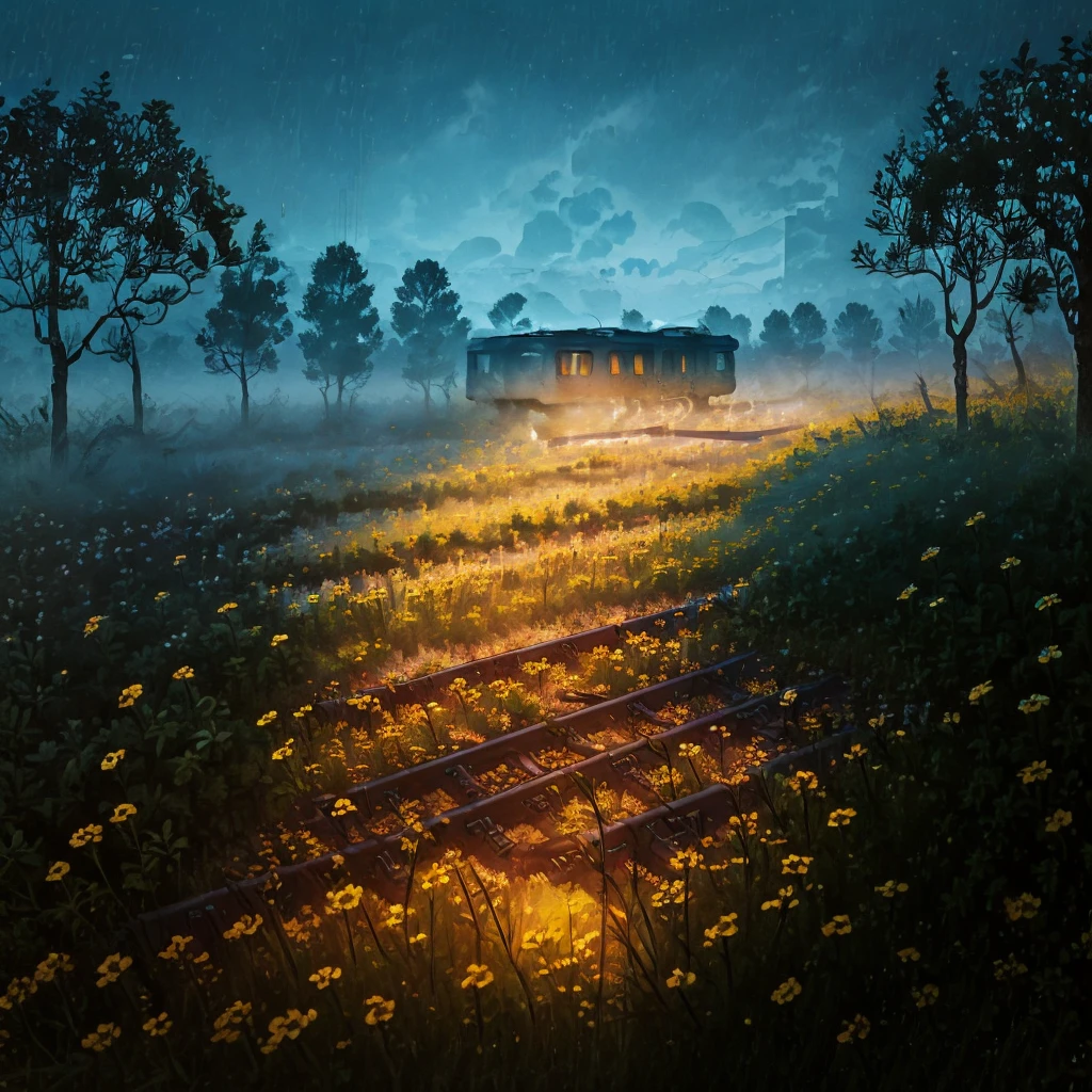arafed train tracks in the middle of a field of flowers, abandoned railroad, abandoned railroads, railway tracks going through it, on a jungle forest train track, railroad, by Lucia Peka, not train tracks, rail tracks, beautiful with eerie vibes, beautiful and mysterious, overgrown with flowers, rail tracks lead from the mine, interesting composition