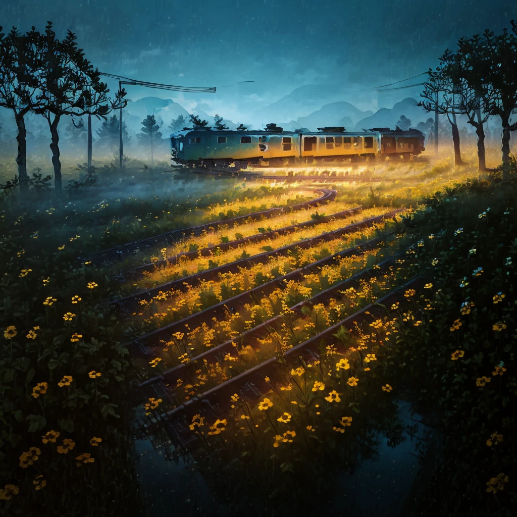 arafed train tracks in the middle of a field of flowers, abandoned railroad, abandoned railroads, railway tracks going through it, on a jungle forest train track, railroad, by Lucia Peka, not train tracks, rail tracks, beautiful with eerie vibes, beautiful and mysterious, overgrown with flowers, rail tracks lead from the mine, interesting composition