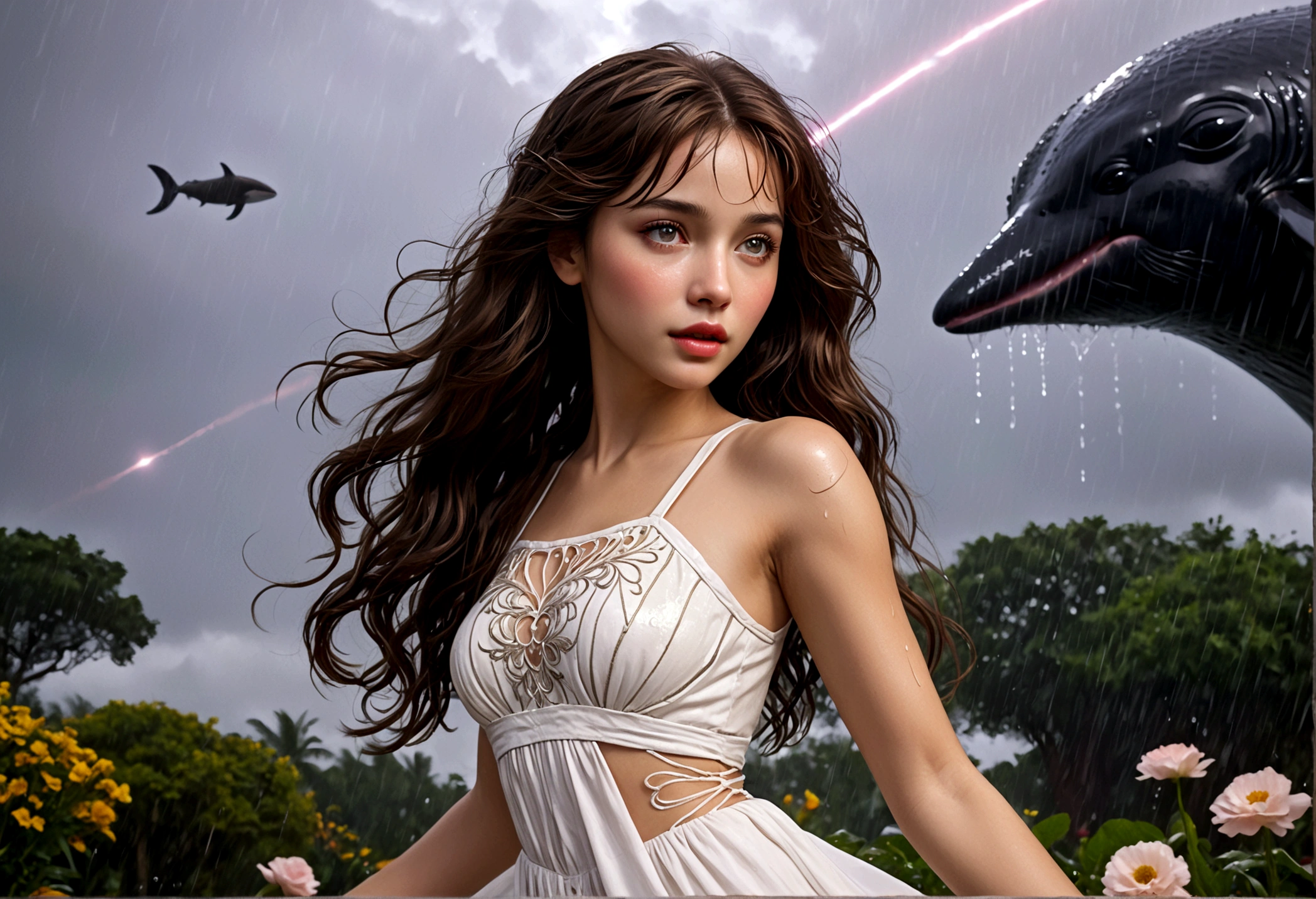 a woman with honeybun hair, beautiful detailed eyes, beautiful detailed lips, extremely detailed face, long eyelashes, wearing a white airy dress, dancing in the rain, in a lush garden on Alderaan, flying sky whales in the background, 1girl, digital art, oil painting, cinematic lighting, warm colors, dramatic, hyperrealistic, 8k, best quality, masterpiece, photorealistic, ultra-detailed

