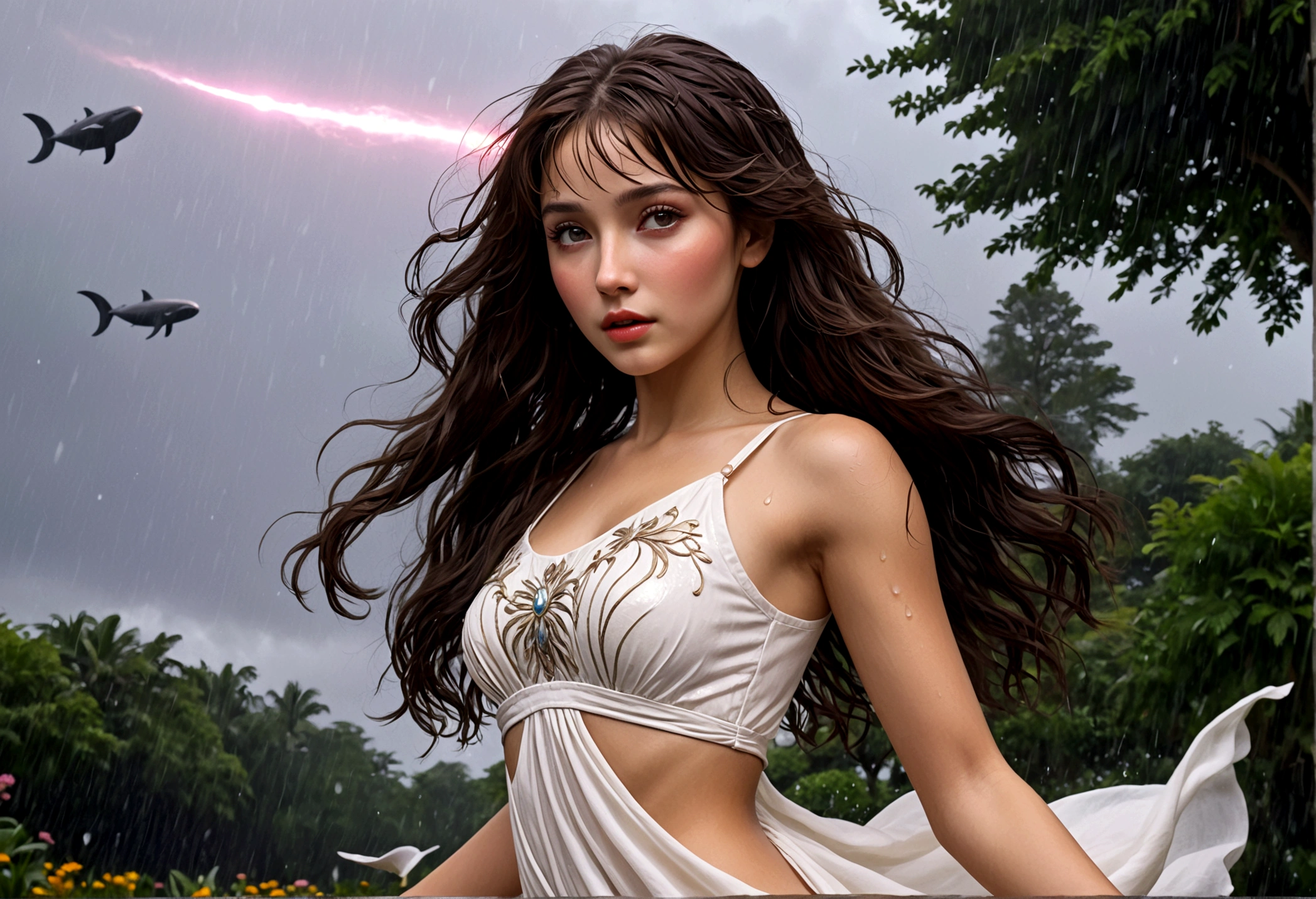 a woman with honeybun hair, beautiful detailed eyes, beautiful detailed lips, extremely detailed face, long eyelashes, wearing a white airy dress, dancing in the rain, in a lush garden on Alderaan, flying sky whales in the background, 1girl, digital art, oil painting, cinematic lighting, warm colors, dramatic, hyperrealistic, 8k, best quality, masterpiece, photorealistic, ultra-detailed