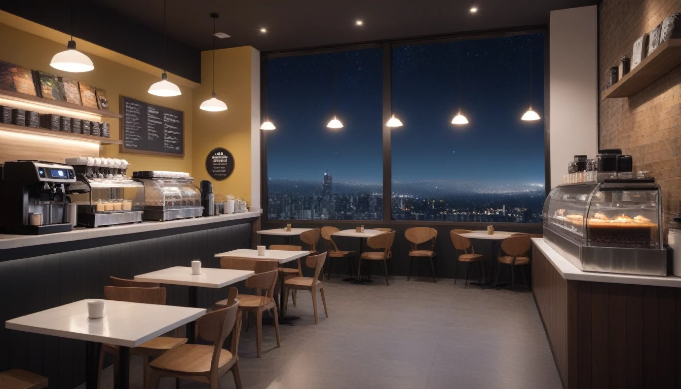 at night frontal coffee shop interior, tables, with coffee cups, and a big window in the center