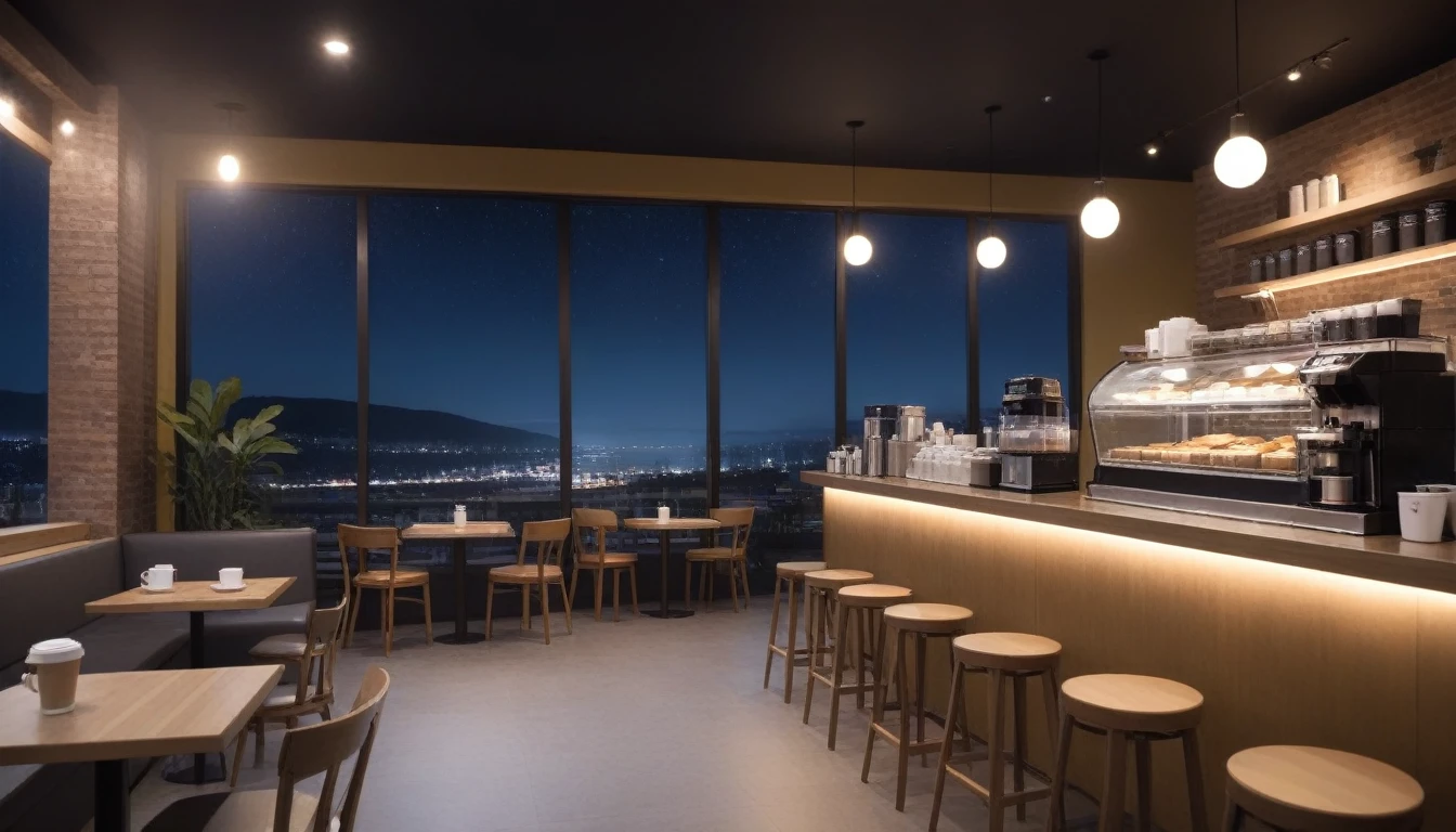 at night frontal coffee shop interior, tables, with coffee cups, and a big window in the center