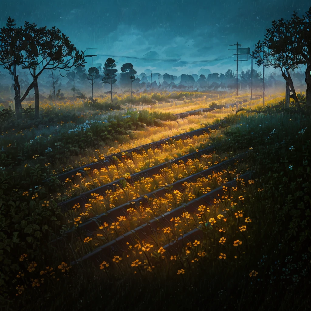 arafed train tracks in the middle of a field of flowers, abandoned railroad, abandoned railroads, railway tracks going through it, on a jungle forest train track, railroad, by Lucia Peka, not train tracks, rail tracks, beautiful with eerie vibes, beautiful and mysterious, overgrown with flowers, rail tracks lead from the mine, interesting composition