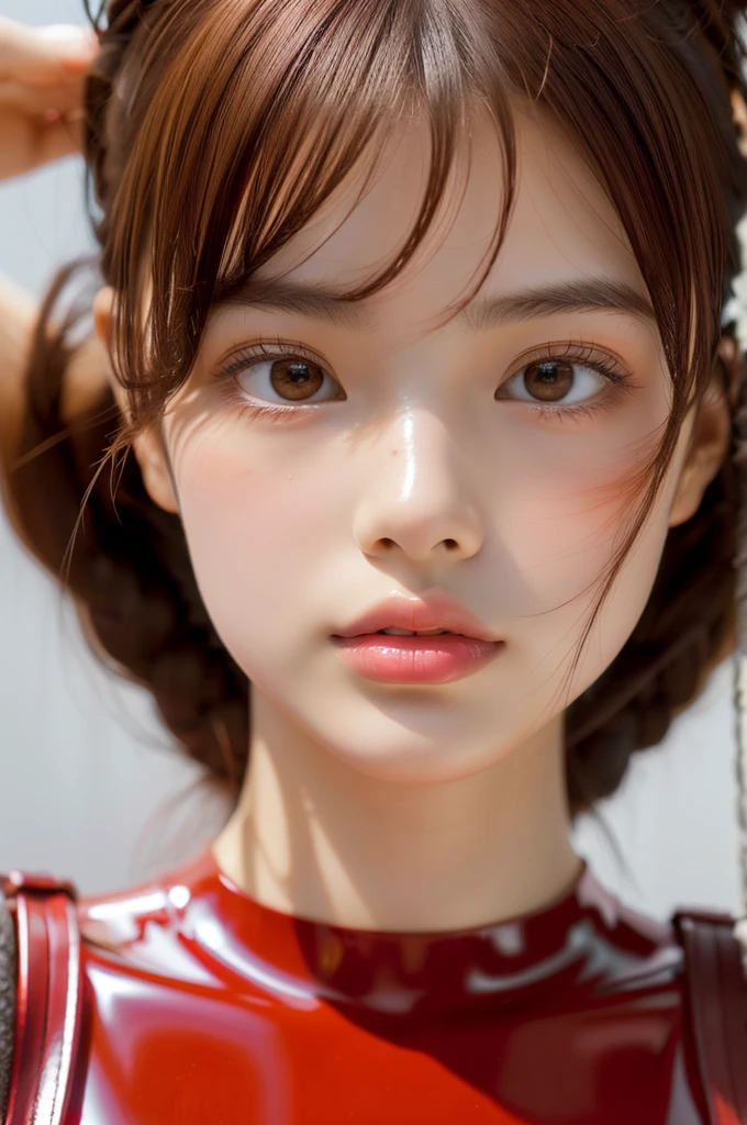 (Genuine))))photograph, ((whole body:1.1)), Highest quality, 1 female, Ultra detailed face, Detailed lips, Fine grain, double eyelid, Beautiful Face, Beautiful Eyes, (Red bodysuit, Red latex), (Shiny), Orange Hair, Twin tails, Narrow waist, Highest quality, Pale skin, Sue Liu Asuka Langle, Plug Suit 02, Black background, (Face and eye details:1.1) , Self-righteous, blush, ((shy)), Very delicate and beautiful girl, Dynamic pose, (to8contrastスタイル)