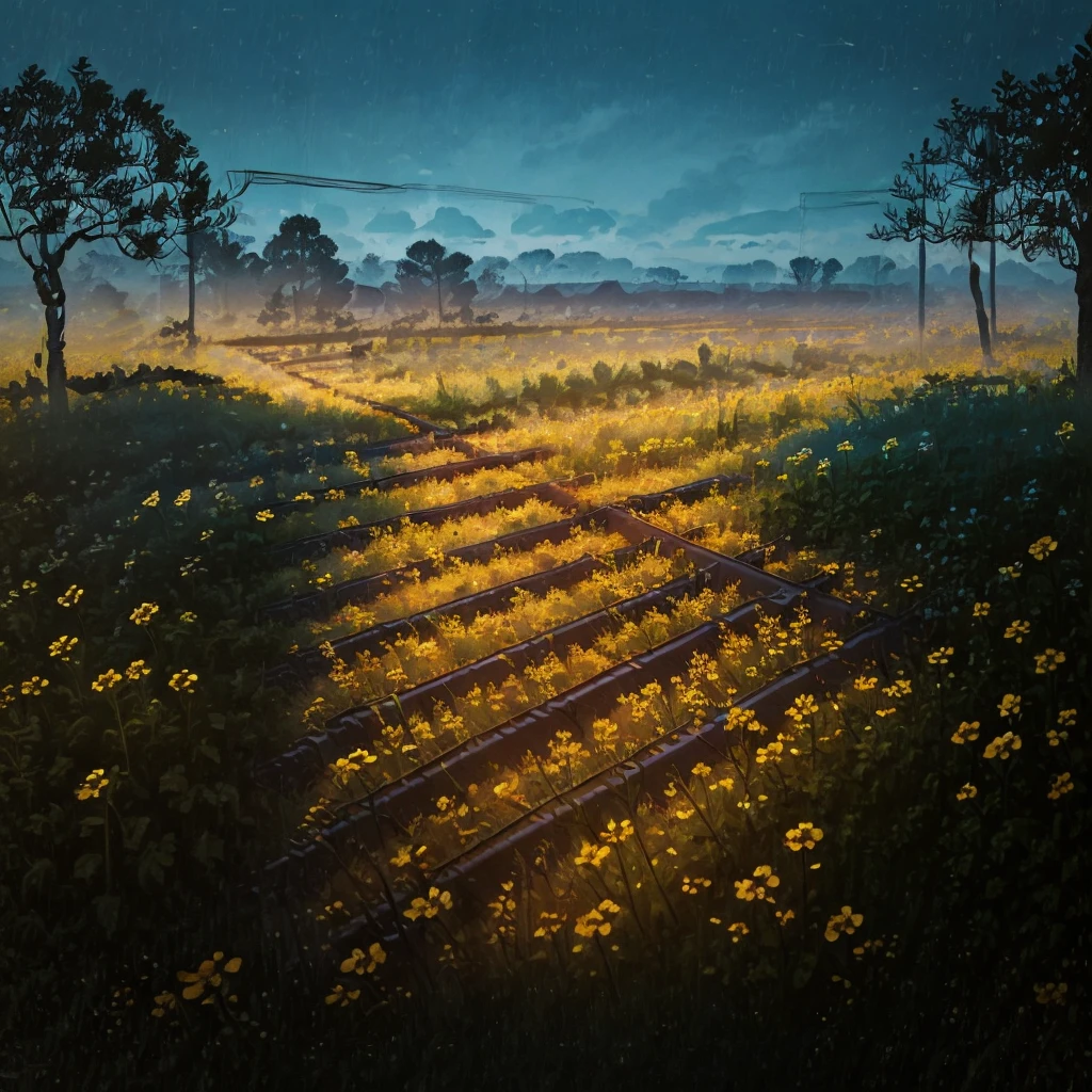 arafed train tracks in the middle of a field of flowers, an album cover by Lucia Peka, flickr, land art, abandoned railroad, abandoned railroads, railway tracks going through it, on a jungle forest train track, railroad, not train tracks, rail tracks, beautiful with eerie vibes, beautiful and mysterious, overgrown with flowers